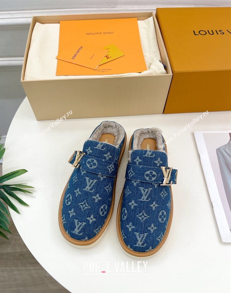 Louis Vuitton LV Cosy Flat Comfort Clog Mules in Blue Denim and Wool 2024 0905 (MD-240905096)