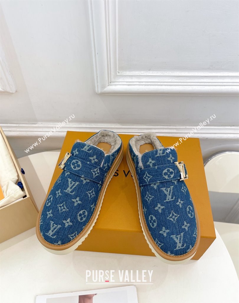 Louis Vuitton LV Cosy Flat Comfort Clog Mules in Blue Denim and Wool 2024 0905 (MD-240905096)