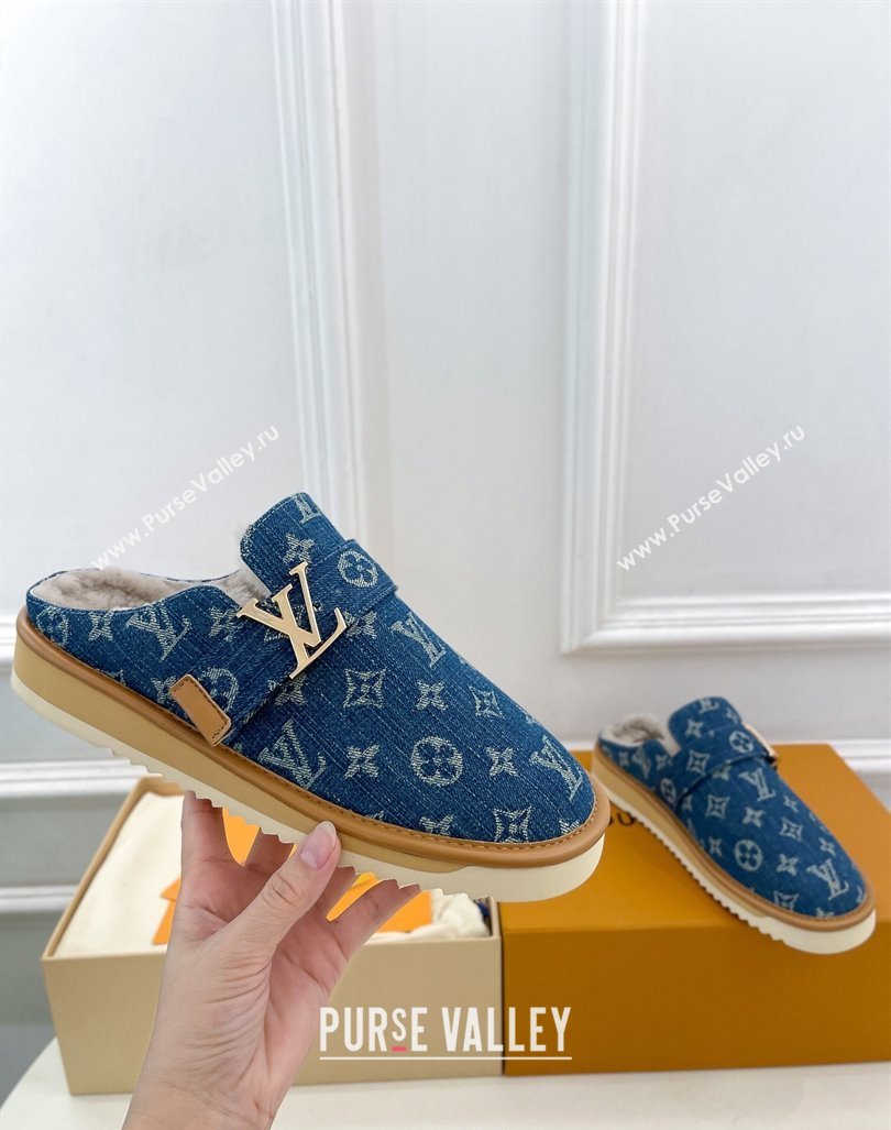 Louis Vuitton LV Cosy Flat Comfort Clog Mules in Blue Denim and Wool 2024 0905 (MD-240905096)