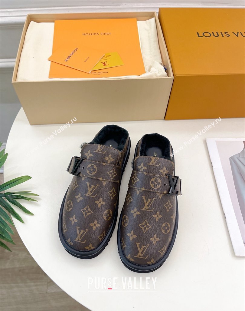 Louis Vuitton LV Cosy Flat Comfort Clog Mules in Brown Monogram Canvas and Wool 2024 0905 (MD-240905097)