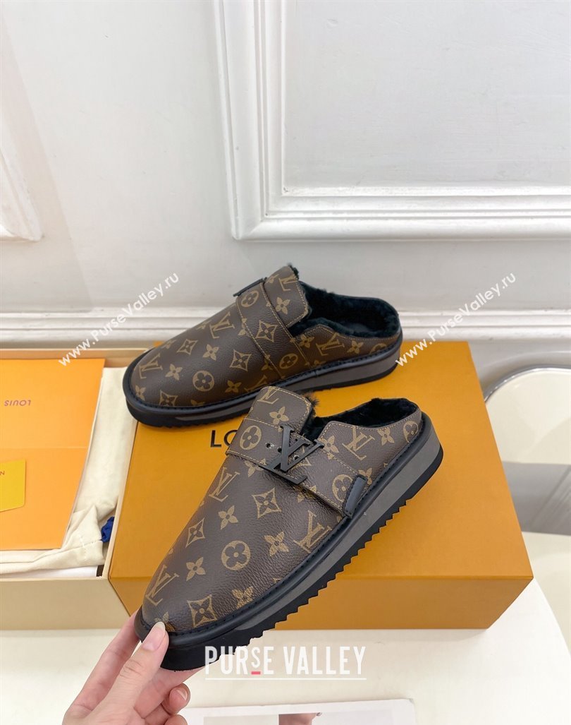 Louis Vuitton LV Cosy Flat Comfort Clog Mules in Brown Monogram Canvas and Wool 2024 0905 (MD-240905097)