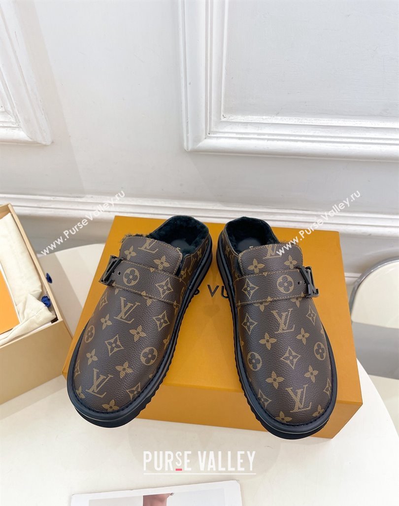 Louis Vuitton LV Cosy Flat Comfort Clog Mules in Brown Monogram Canvas and Wool 2024 0905 (MD-240905097)