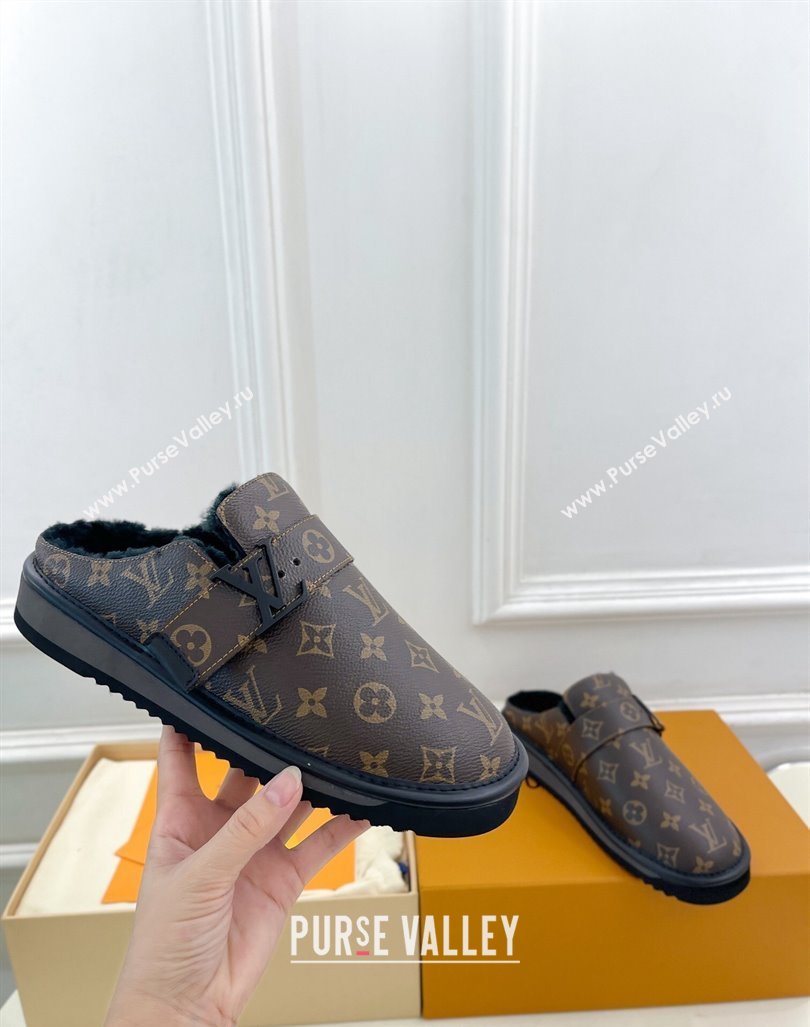 Louis Vuitton LV Cosy Flat Comfort Clog Mules in Brown Monogram Canvas and Wool 2024 0905 (MD-240905097)