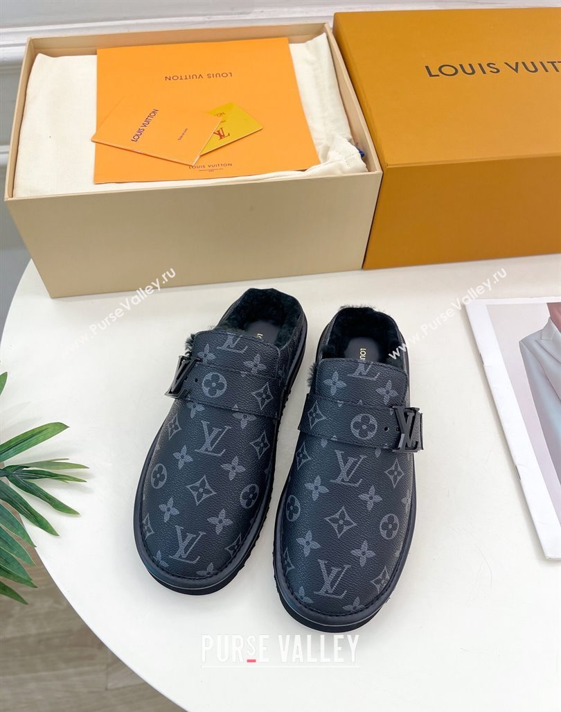 Louis Vuitton LV Cosy Flat Comfort Clog Mules in Black Monogram Canvas and Wool 2024 0905 (MD-240905098)