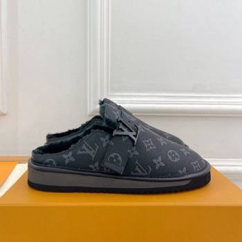 Louis Vuitton LV Cosy Flat Comfort Clog Mules in Black Monogram Canvas and Wool 2024 0905 (MD-240905098)