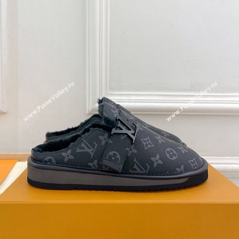 Louis Vuitton LV Cosy Flat Comfort Clog Mules in Black Monogram Canvas and Wool 2024 0905 (MD-240905098)