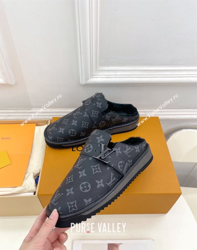 Louis Vuitton LV Cosy Flat Comfort Clog Mules in Black Monogram Canvas and Wool 2024 0905 (MD-240905098)