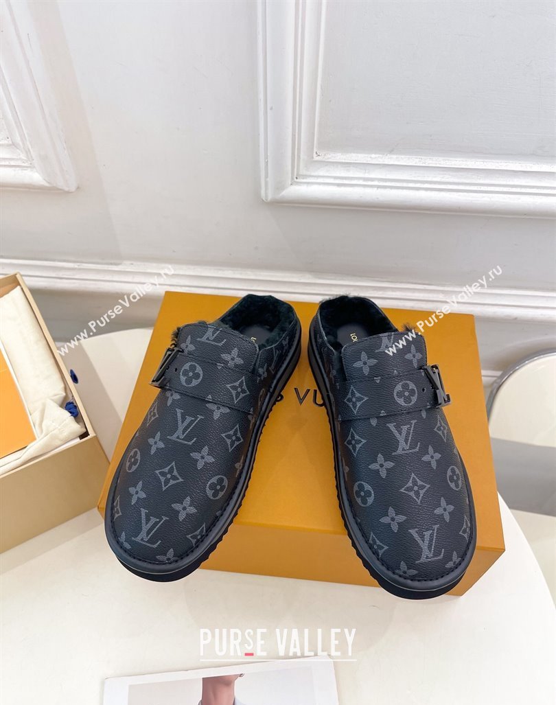 Louis Vuitton LV Cosy Flat Comfort Clog Mules in Black Monogram Canvas and Wool 2024 0905 (MD-240905098)