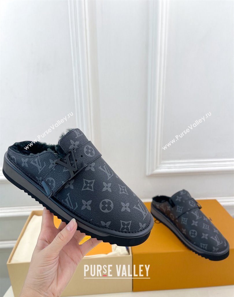 Louis Vuitton LV Cosy Flat Comfort Clog Mules in Black Monogram Canvas and Wool 2024 0905 (MD-240905098)