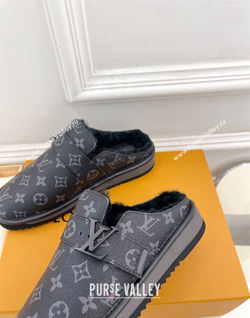 Louis Vuitton LV Cosy Flat Comfort Clog Mules in Black Monogram Canvas and Wool 2024 0905 (MD-240905098)