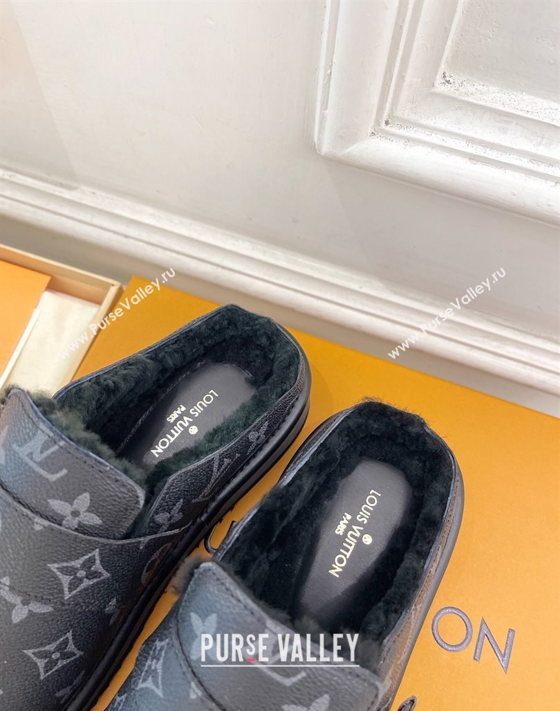 Louis Vuitton LV Cosy Flat Comfort Clog Mules in Black Monogram Canvas and Wool 2024 0905 (MD-240905098)