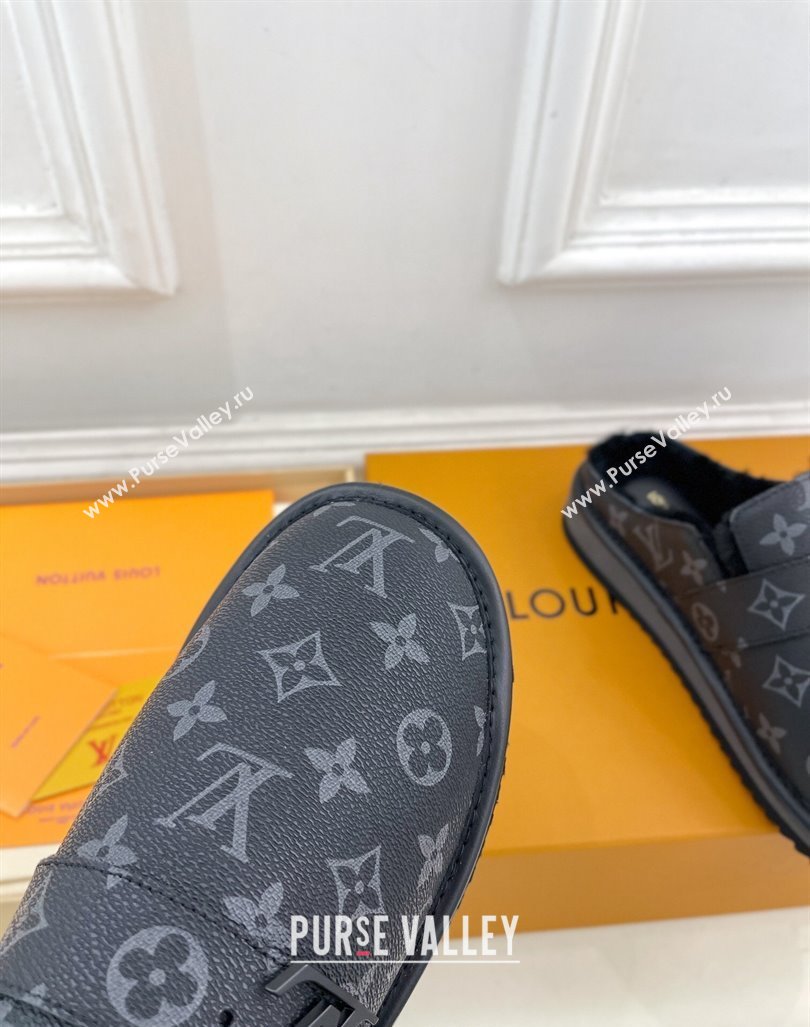 Louis Vuitton LV Cosy Flat Comfort Clog Mules in Black Monogram Canvas and Wool 2024 0905 (MD-240905098)