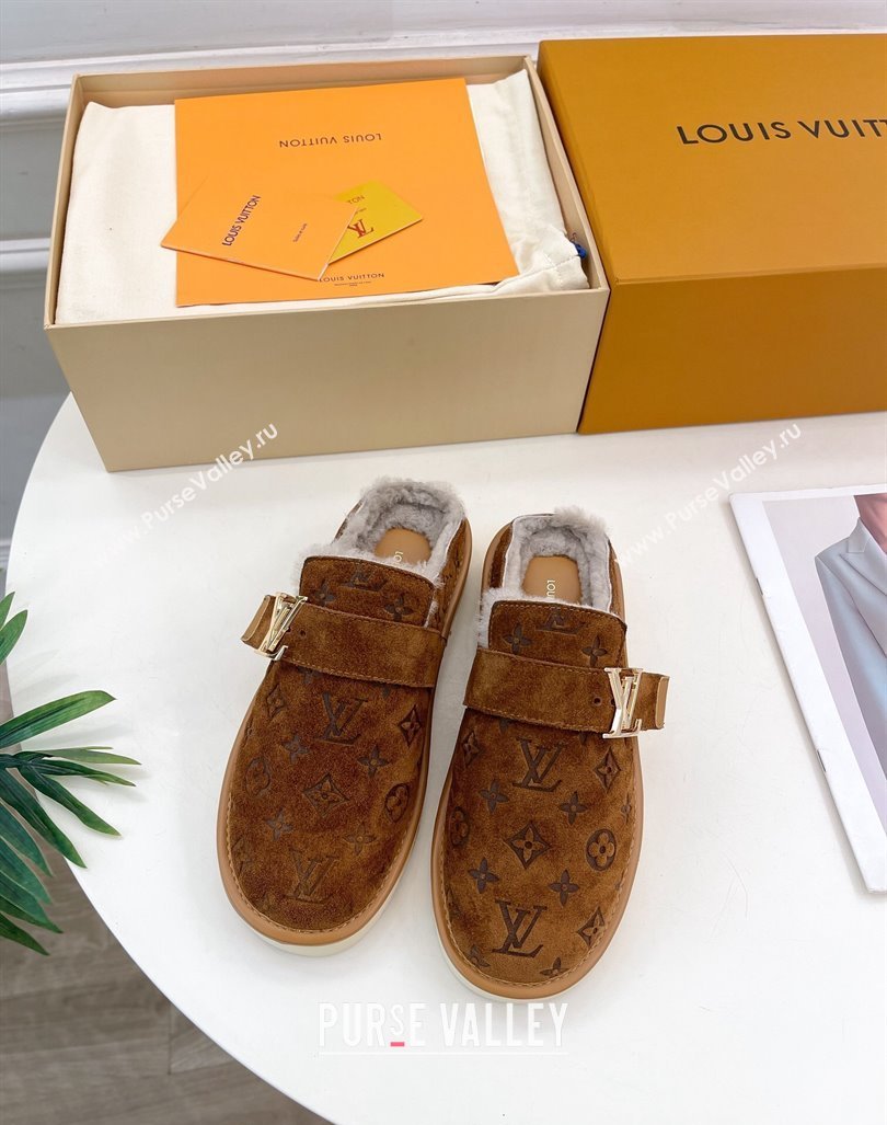 Louis Vuitton LV Cosy Flat Comfort Clog Mules in Suede and Wool Brown 2024 0905 (MD-240905099)