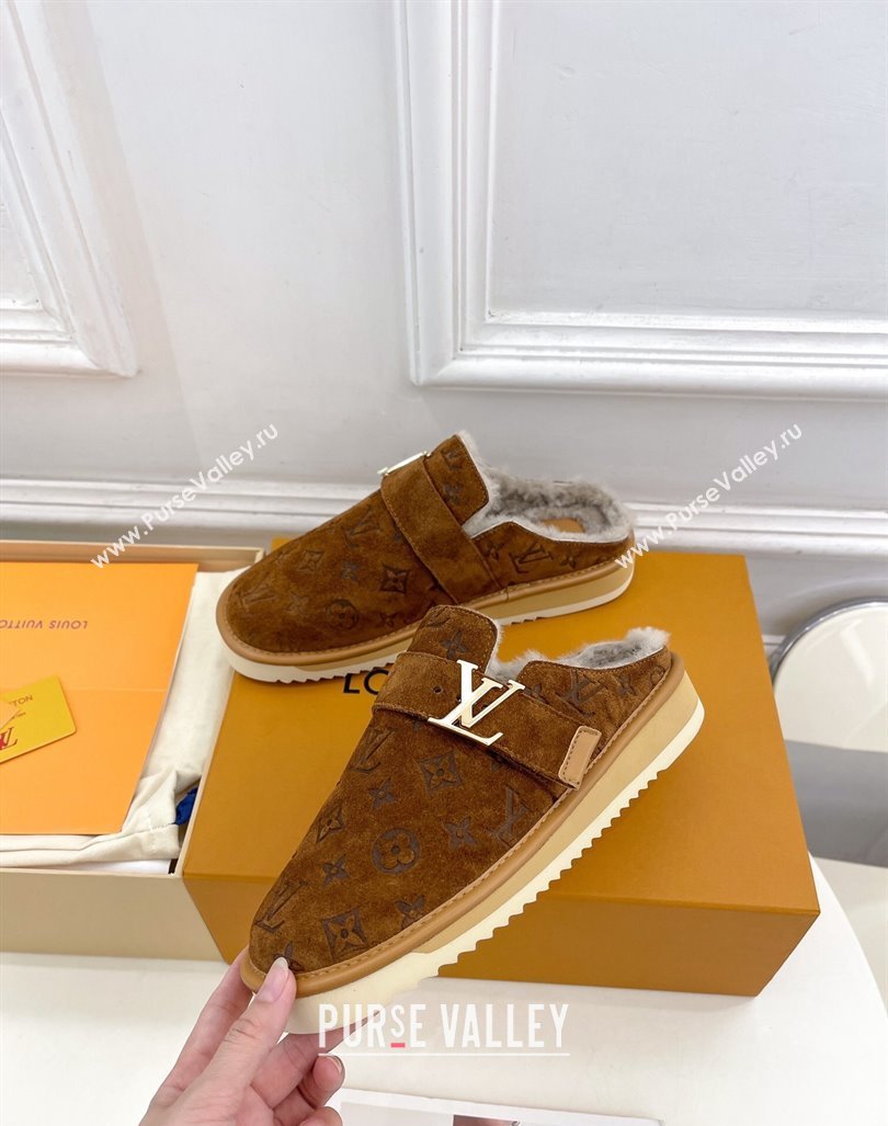 Louis Vuitton LV Cosy Flat Comfort Clog Mules in Suede and Wool Brown 2024 0905 (MD-240905099)