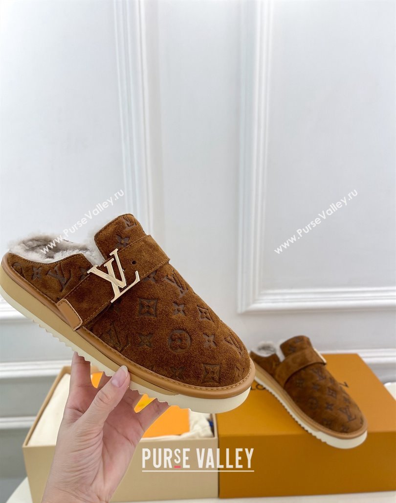 Louis Vuitton LV Cosy Flat Comfort Clog Mules in Suede and Wool Brown 2024 0905 (MD-240905099)