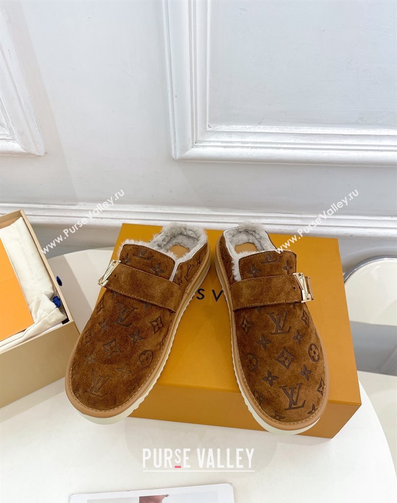 Louis Vuitton LV Cosy Flat Comfort Clog Mules in Suede and Wool Brown 2024 0905 (MD-240905099)