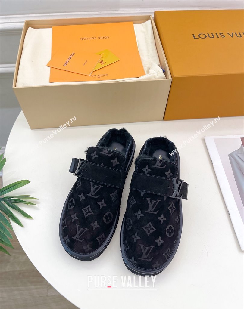 Louis Vuitton LV Cosy Flat Comfort Clog Mules in Suede and Wool Black 2024 0905 (MD-240905100)