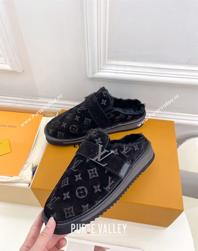 Louis Vuitton LV Cosy Flat Comfort Clog Mules in Suede and Wool Black 2024 0905 (MD-240905100)