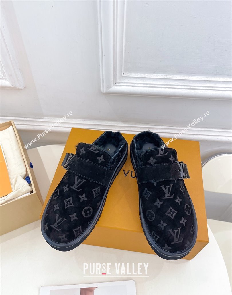 Louis Vuitton LV Cosy Flat Comfort Clog Mules in Suede and Wool Black 2024 0905 (MD-240905100)