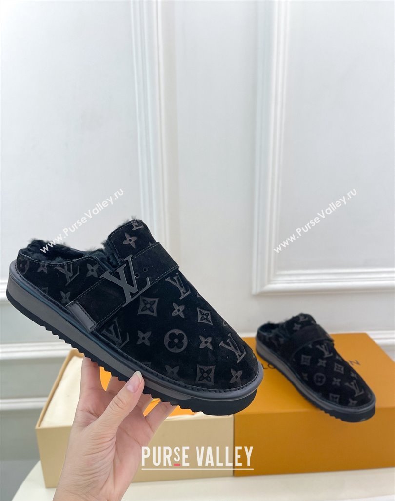 Louis Vuitton LV Cosy Flat Comfort Clog Mules in Suede and Wool Black 2024 0905 (MD-240905100)