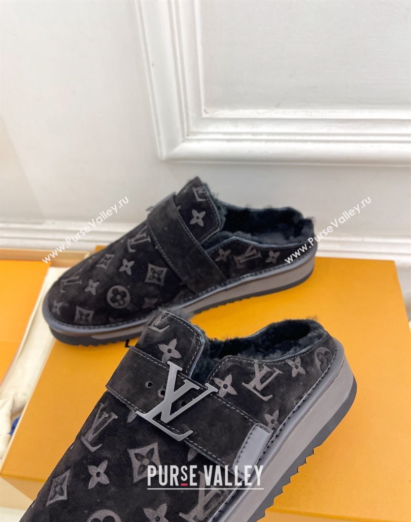 Louis Vuitton LV Cosy Flat Comfort Clog Mules in Suede and Wool Black 2024 0905 (MD-240905100)