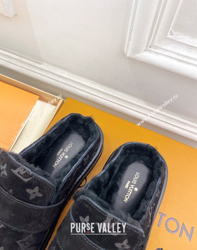 Louis Vuitton LV Cosy Flat Comfort Clog Mules in Suede and Wool Black 2024 0905 (MD-240905100)