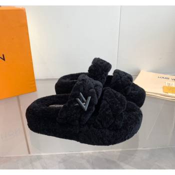 Louis Vuitton LV Sunset Platform Comfort Slides Sandal 5cm in Wool Black 2024 0905 (MD-240905116)