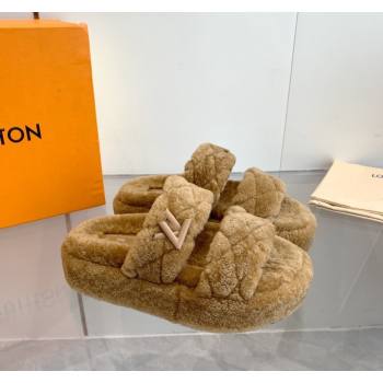 Louis Vuitton LV Sunset Platform Comfort Slides Sandal 5cm in Wool Light Brown 2024 0905 (MD-240905118)