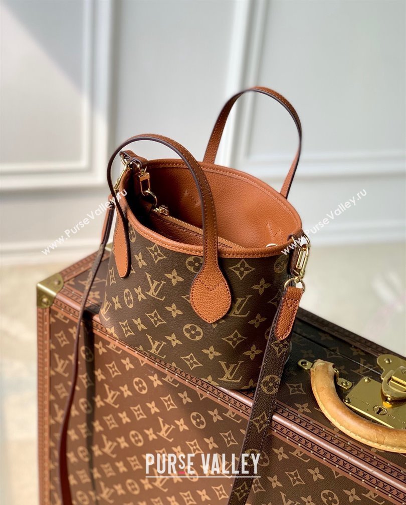 Louis Vuitton Neverfull Bandouliere Inside Out BB Tote bag Tan Brown Leather/Monogram Coated Canvas 2024 M12099 (KI-241105050)