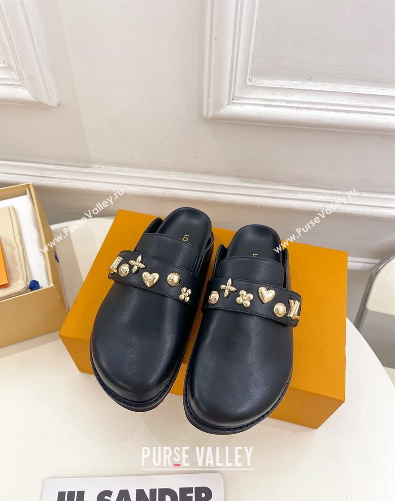 Louis Vuitton LV Cosy Flat Comfort Clog Mules in Black Leather with Logo Band 2024 LV101502 (MD-241015007)