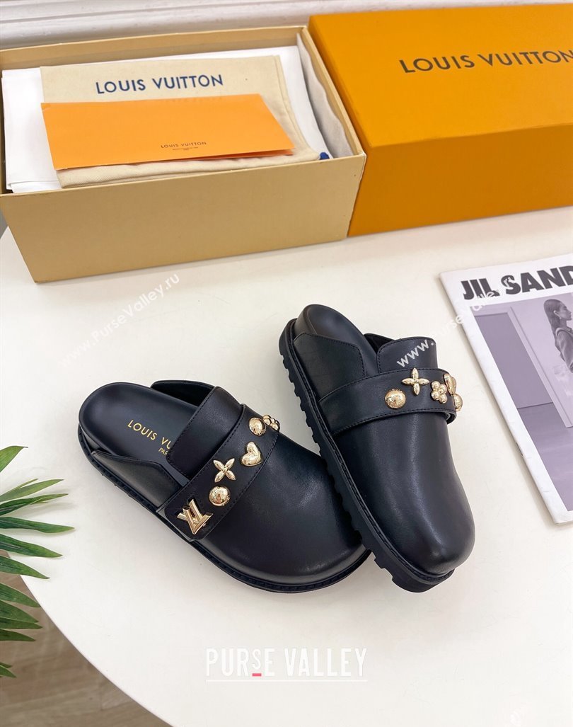 Louis Vuitton LV Cosy Flat Comfort Clog Mules in Black Leather with Logo Band 2024 LV101502 (MD-241015007)