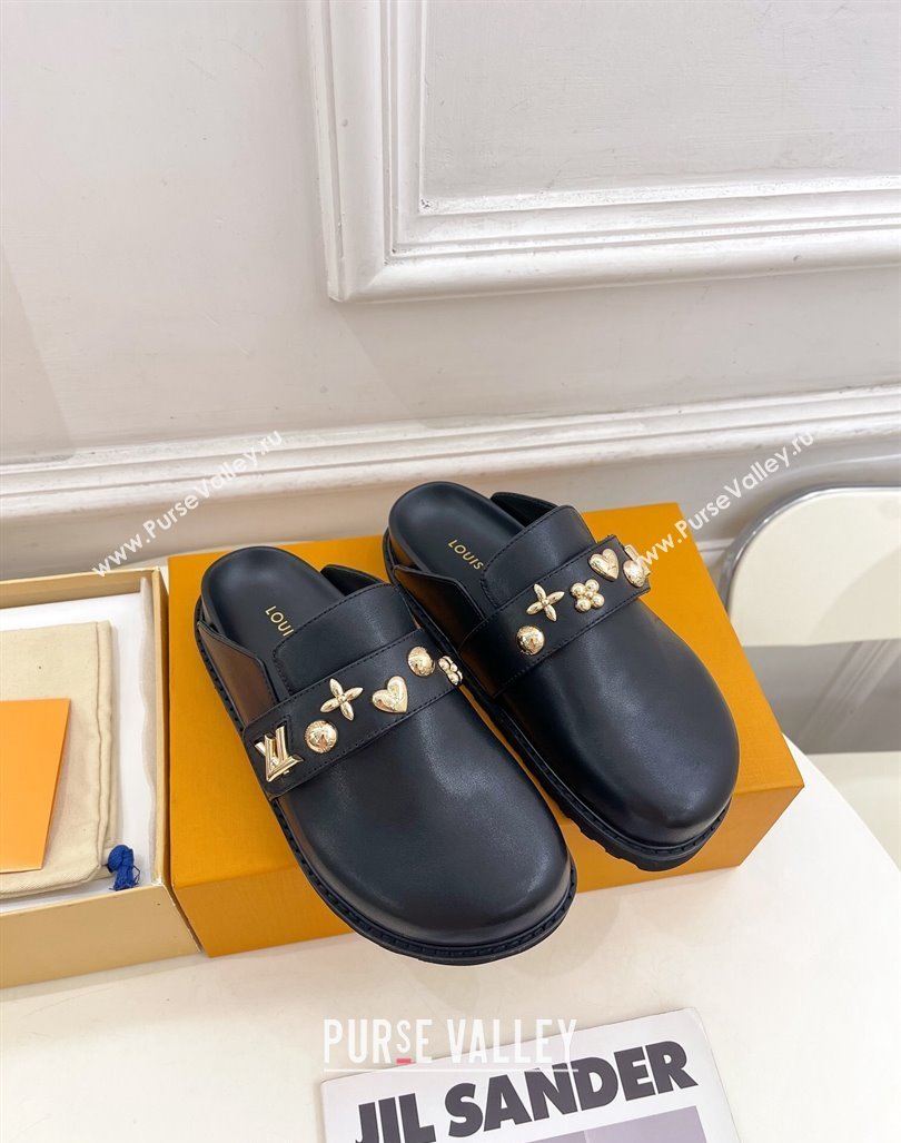 Louis Vuitton LV Cosy Flat Comfort Clog Mules in Black Leather with Logo Band 2024 LV101502 (MD-241015007)