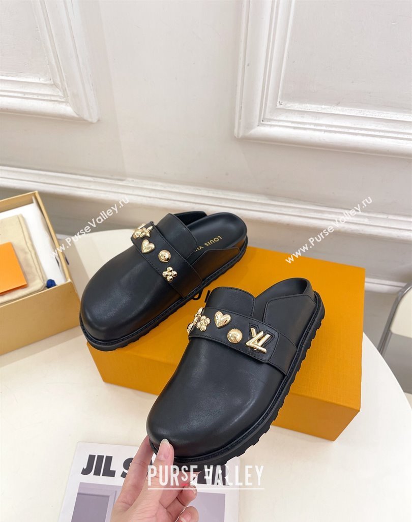 Louis Vuitton LV Cosy Flat Comfort Clog Mules in Black Leather with Logo Band 2024 LV101502 (MD-241015007)