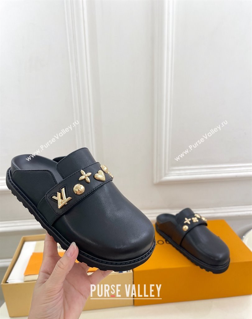 Louis Vuitton LV Cosy Flat Comfort Clog Mules in Black Leather with Logo Band 2024 LV101502 (MD-241015007)