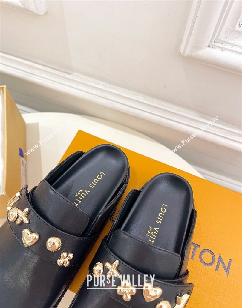 Louis Vuitton LV Cosy Flat Comfort Clog Mules in Black Leather with Logo Band 2024 LV101502 (MD-241015007)