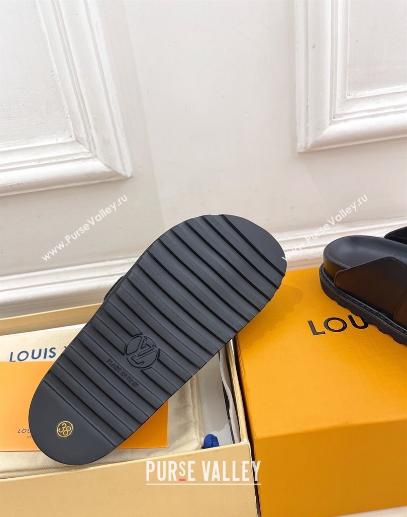 Louis Vuitton LV Cosy Flat Comfort Clog Mules in Black Leather with Logo Band 2024 LV101502 (MD-241015007)