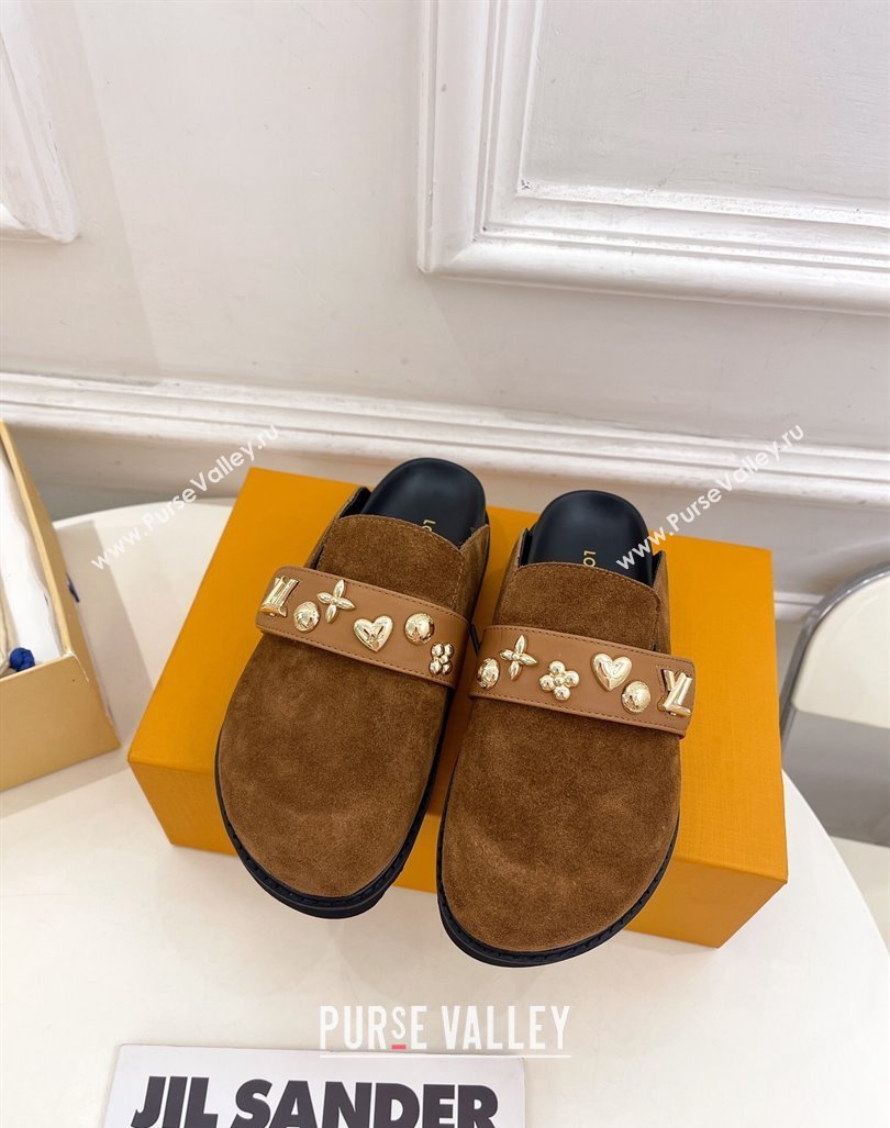 Louis Vuitton LV Cosy Flat Comfort Clog Mules in Suede with Logo Band Brown 2024 LV101502 (MD-241015008)