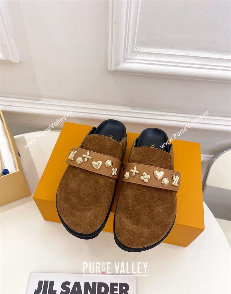 Louis Vuitton LV Cosy Flat Comfort Clog Mules in Suede with Logo Band Brown 2024 LV101502 (MD-241015008)