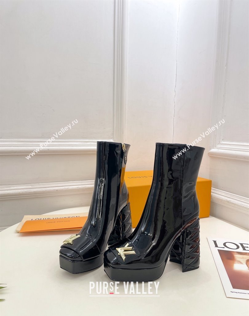 Louis Vuitton Shake Platform Ankle Boots 12cm in Black Patent Leather with Quilted Heel 2024 1ABUK6 (MD-241015023)