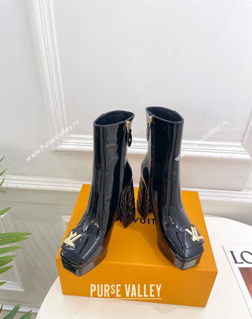 Louis Vuitton Shake Platform Ankle Boots 12cm in Black Patent Leather with Quilted Heel 2024 1ABUK6 (MD-241015023)