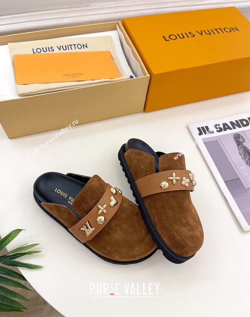 Louis Vuitton LV Cosy Flat Comfort Clog Mules in Suede with Logo Band Brown 2024 LV101502 (MD-241015008)