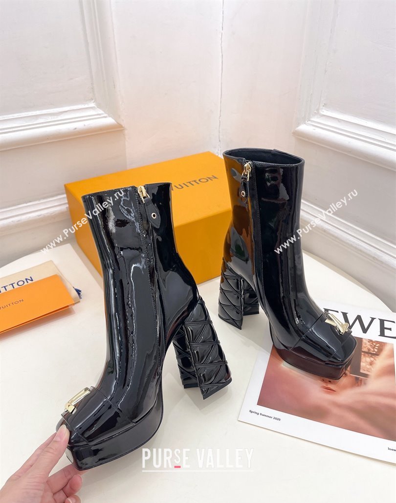 Louis Vuitton Shake Platform Ankle Boots 12cm in Black Patent Leather with Quilted Heel 2024 1ABUK6 (MD-241015023)