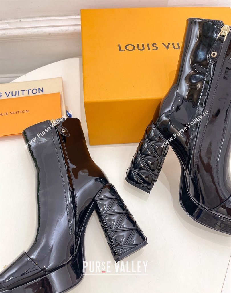 Louis Vuitton Shake Platform Ankle Boots 12cm in Black Patent Leather with Quilted Heel 2024 1ABUK6 (MD-241015023)