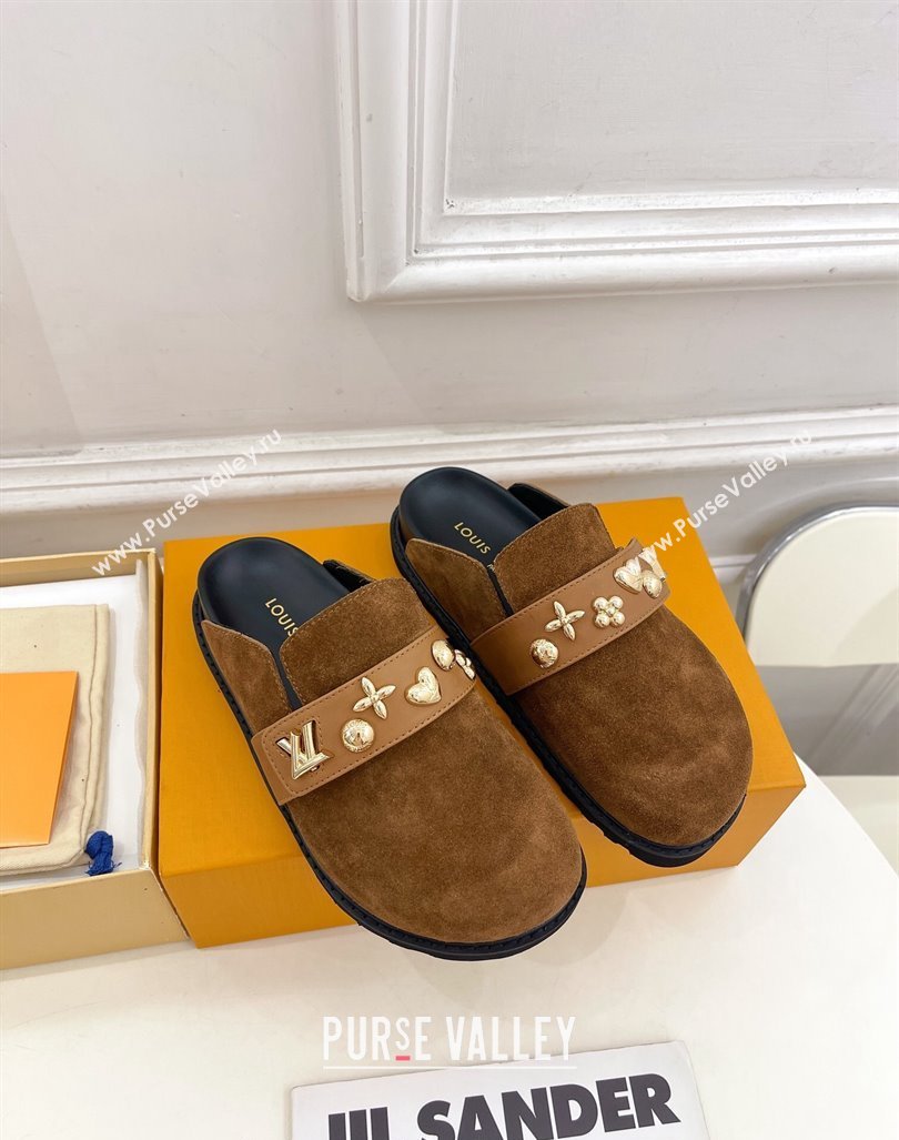 Louis Vuitton LV Cosy Flat Comfort Clog Mules in Suede with Logo Band Brown 2024 LV101502 (MD-241015008)