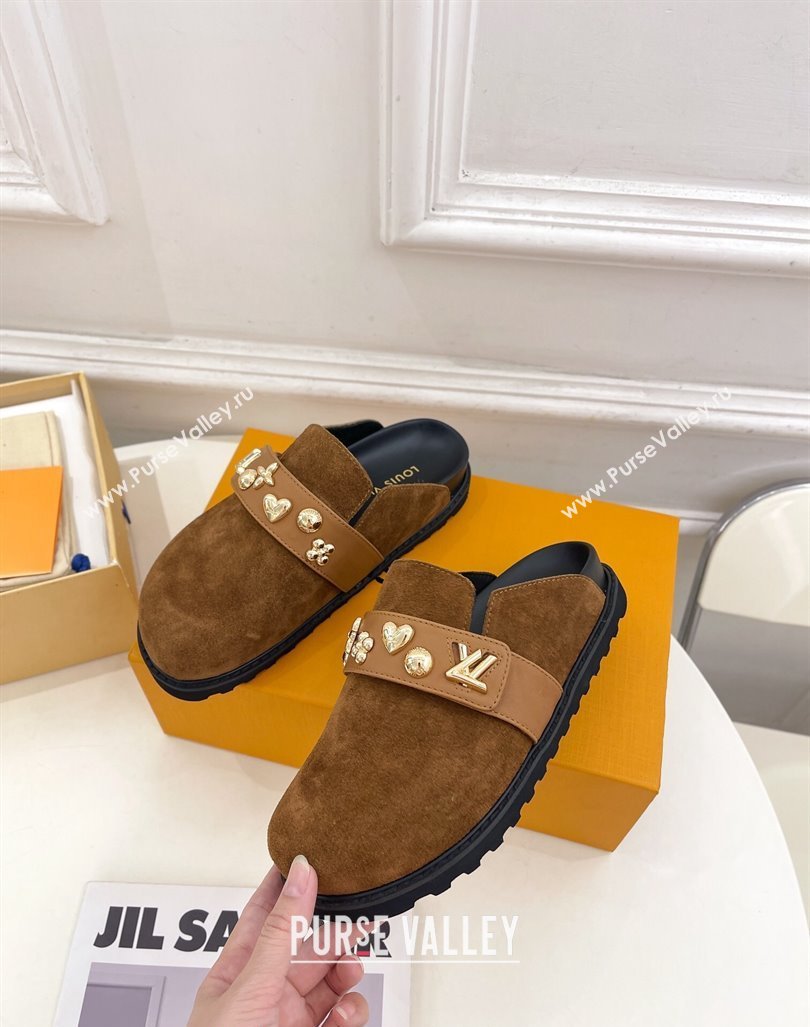 Louis Vuitton LV Cosy Flat Comfort Clog Mules in Suede with Logo Band Brown 2024 LV101502 (MD-241015008)