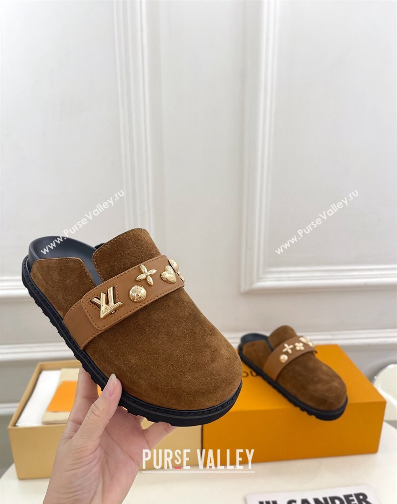 Louis Vuitton LV Cosy Flat Comfort Clog Mules in Suede with Logo Band Brown 2024 LV101502 (MD-241015008)