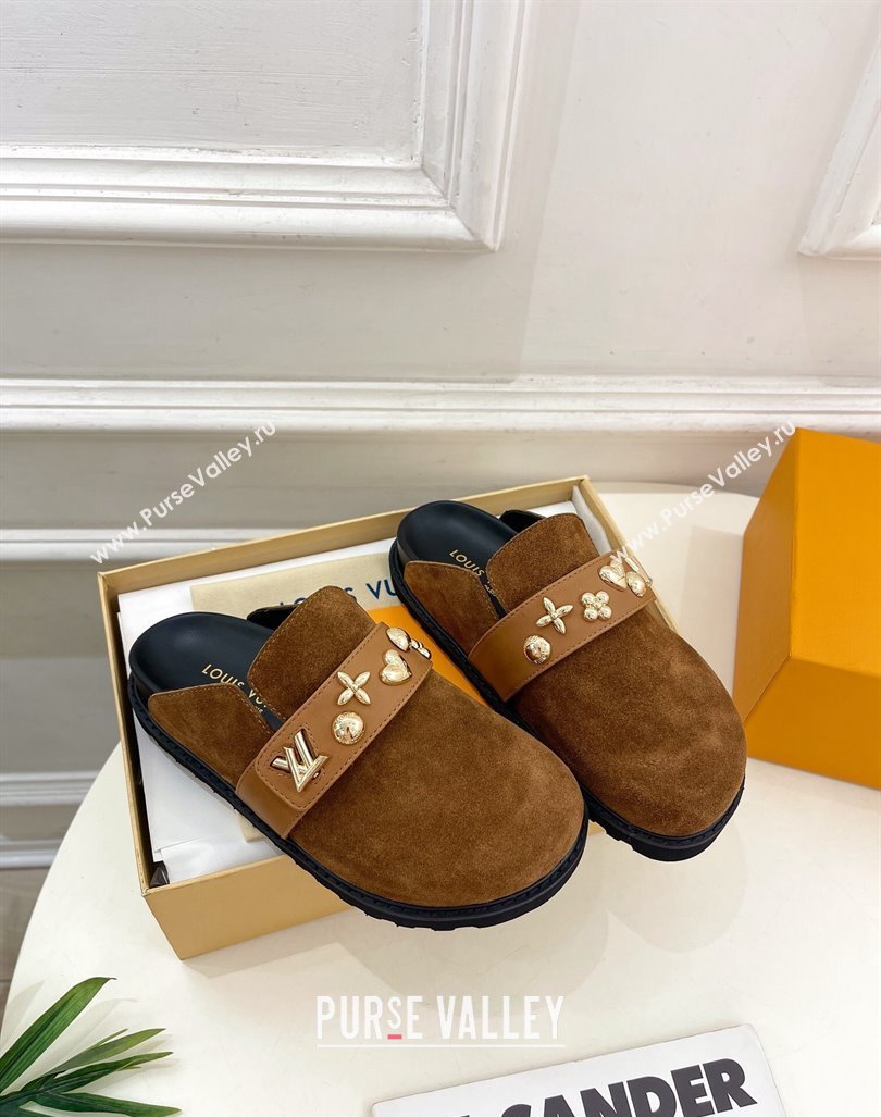 Louis Vuitton LV Cosy Flat Comfort Clog Mules in Suede with Logo Band Brown 2024 LV101502 (MD-241015008)