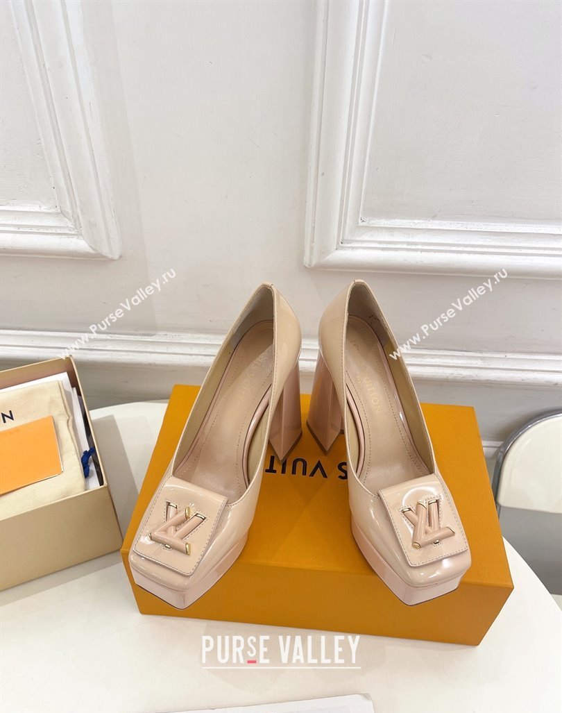 Louis Vuitton Shake Platform Pumps 12cm in Beige Patent Leather with Quilted Heel 2024 1ABUK6 (MD-241015028)