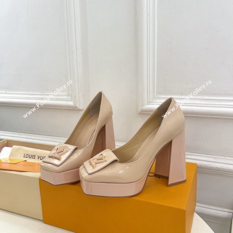 Louis Vuitton Shake Platform Pumps 12cm in Beige Patent Leather with Quilted Heel 2024 1ABUK6 (MD-241015028)