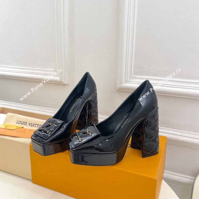 Louis Vuitton Shake Platform Pumps 12cm in Black Patent Leather with Quilted Heel 2024 1ABUK6 (MD-241015029)